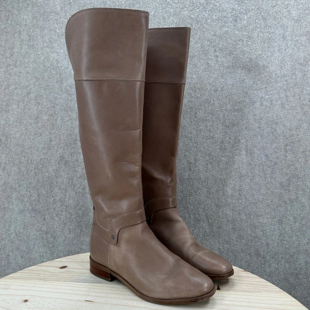 Franco Sarto Roxana Riding Boots 7 Brown Leather Studded Back Zip Over The Knee